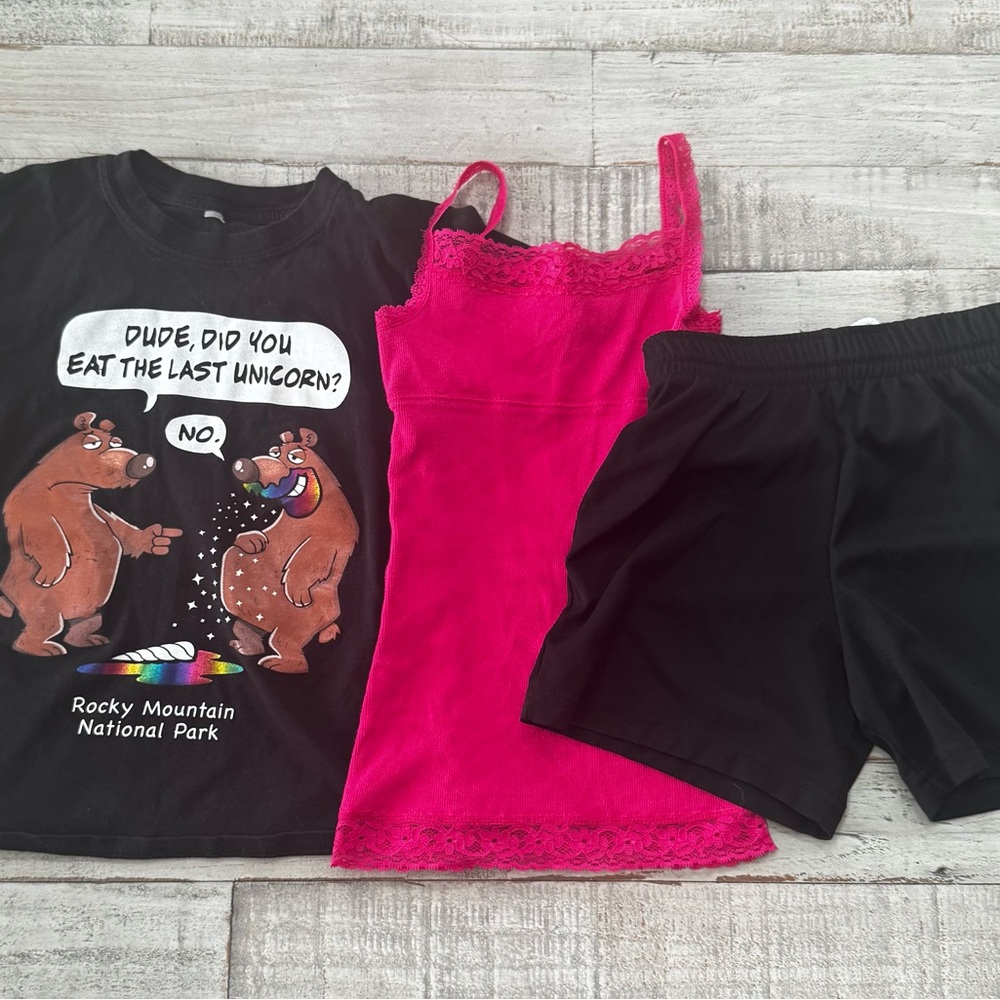 Pink Lace Tank Top and Black Graphic Tee & black shorts - lot of 3